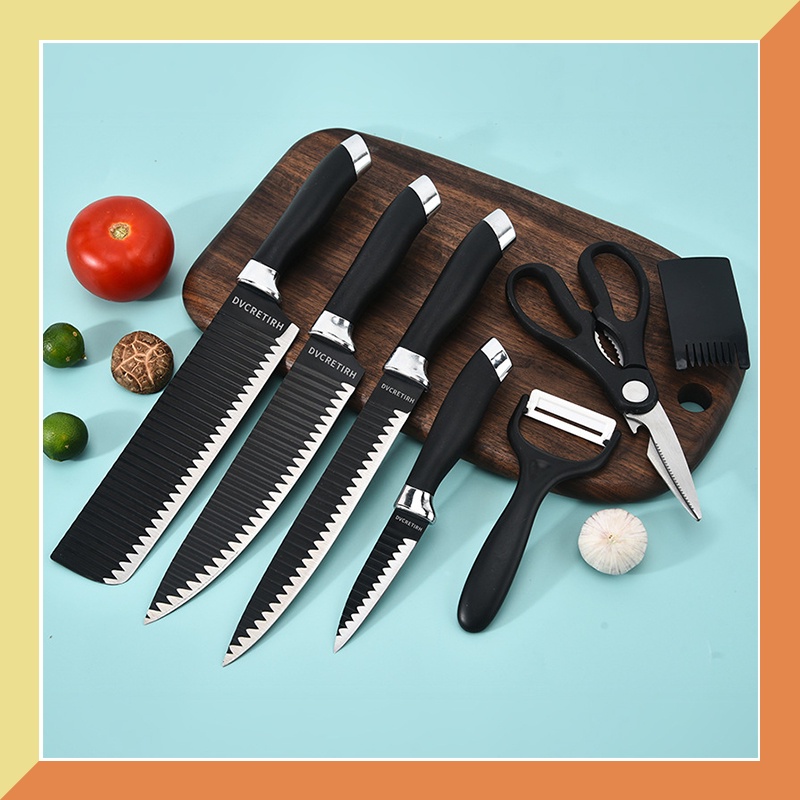 Knives & Kitchen Scissors 79 บาท มีดทําครัวสแตนเลส 7 ชิ้นชุดมีดทาสีสแตนเลสชุดของขวัญหยักหัวไฟฟ้าคู่ Home & Living