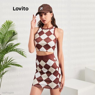 ☜❧❡Lovito ชุดเสื้อแขนกุด สกินนี่ กระโปรงลายตาราง L07120 (สีกาแฟ)