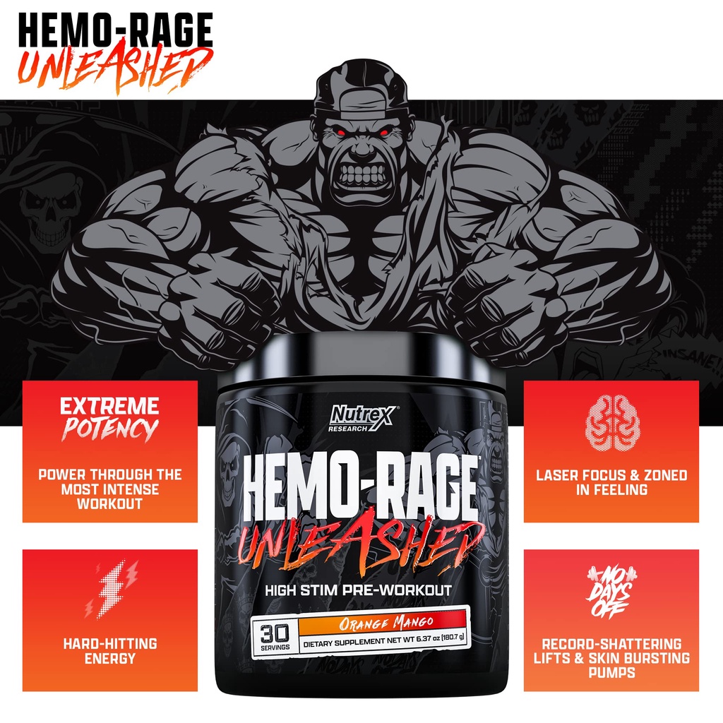 Pre-Workout Nutrex Research, Hemo-Rage Unleash, High Stim 30 Servings ...