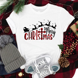 Merry Christmas Colored T Shirt Women Retro Plaid Christmas Gift Tshirt Funny Women Winter Holiday Graphic Tee  bh