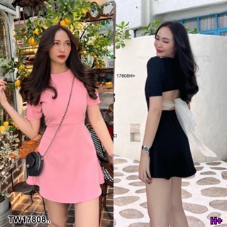 TW17808 Dress เดรสสั้น คอกลม หลังติดกระดุมคอ