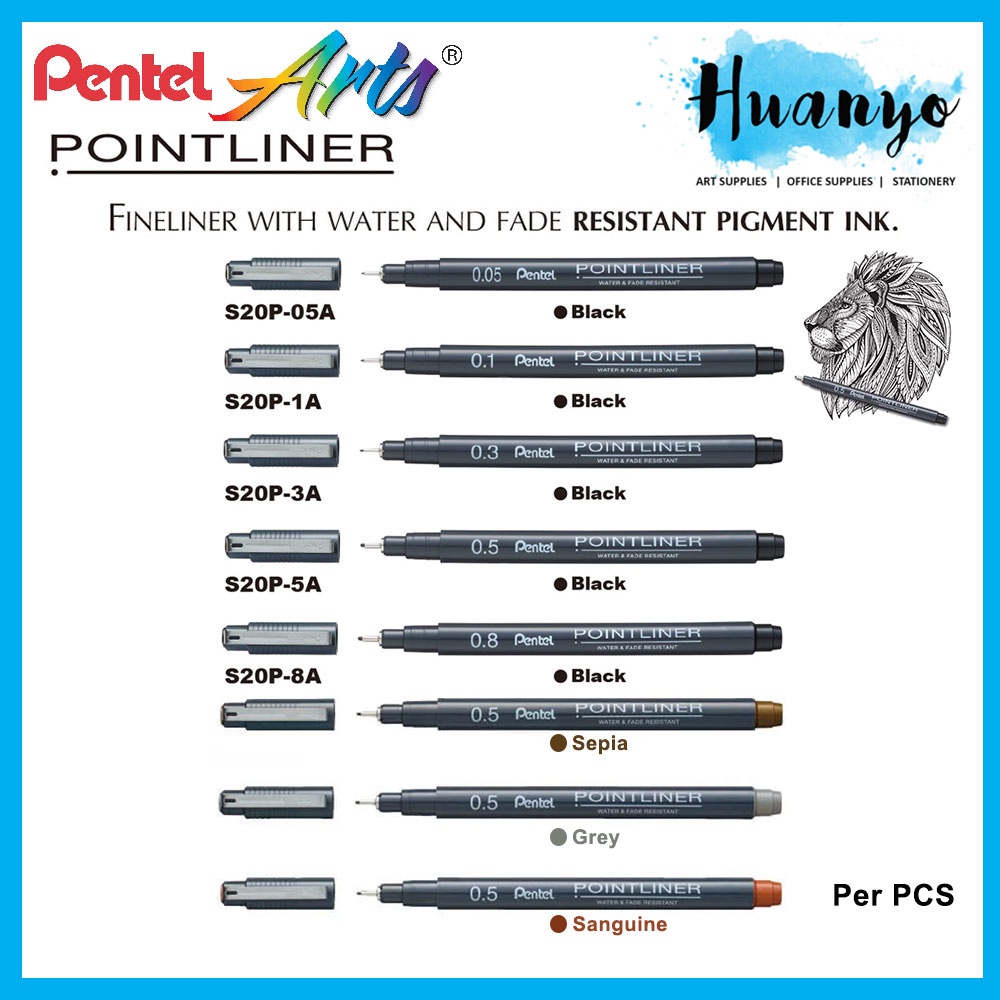 Pentel Pointliner S20P ปากการ่างการวาดภาพทางเทคนิค (หมึกสีดํา/ซีเปีย/สีเทา/Sanguine, 0.05/0.1/0.3/0.