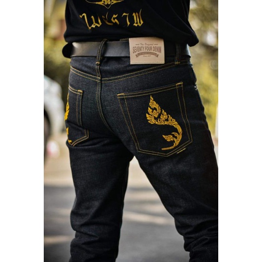 74DEnim รุ่นปักทอง กระบอกเล็ก ผ้าดิบ15Oz Unsanforized