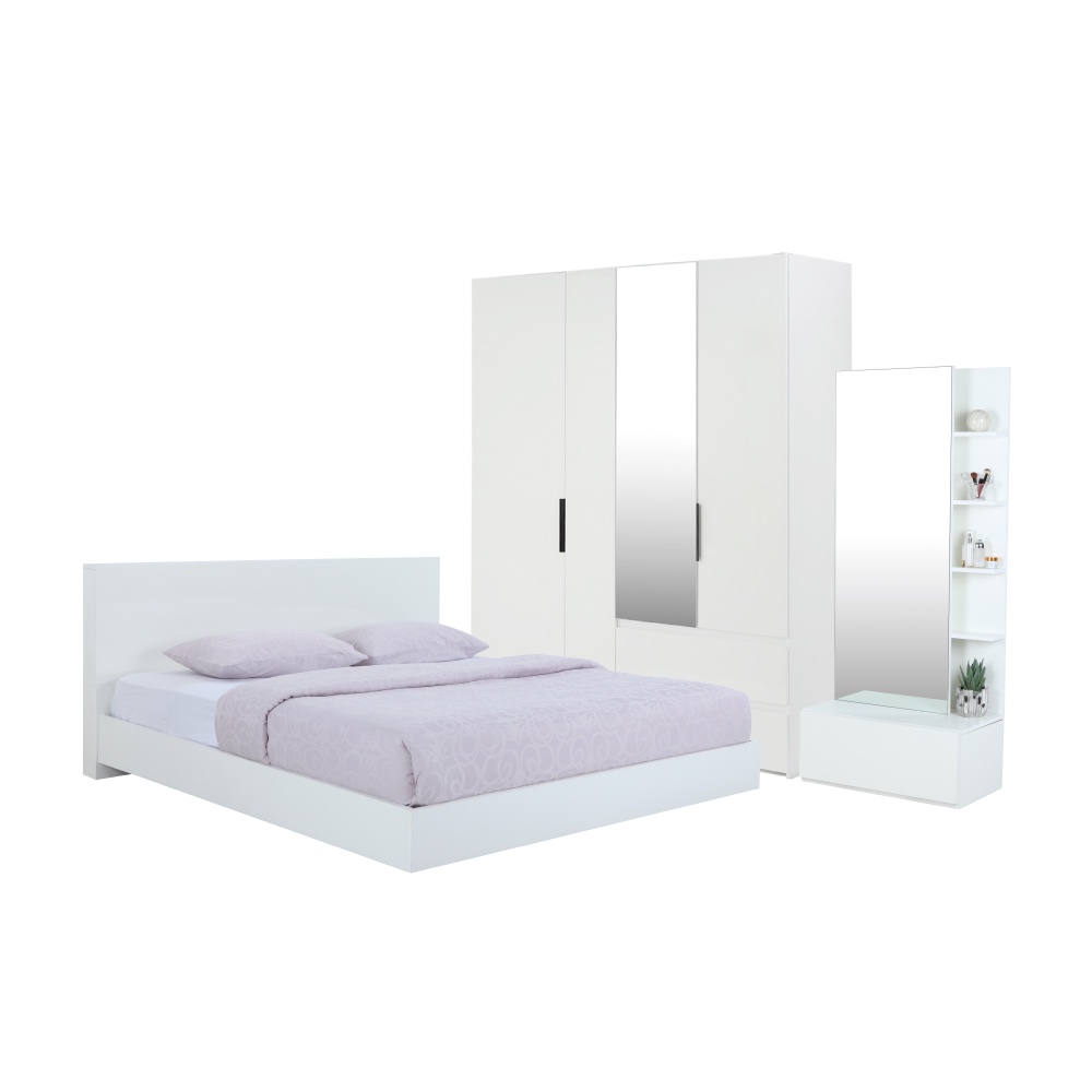 INDEX LIVING MALL ชุดห้องนอน รุ่นแมสซิโม่+แมกซี่ ขนาด 5 ฟุต (เตียงนอน(พื้นเตียงทึบ)+ตู้เสื้อผ้า 4 บาน พร้อมกระจกเงา+โต๊ะเครื่องแป้ง) - สีขาว