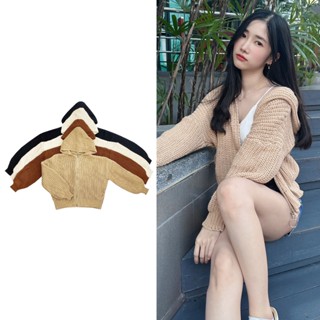 Big Store🎁เสื้อฮู๊ดไหมพรมถัก แขนยาวจั๊มซิปหน้า ทรงตัวสั้น 4 สี