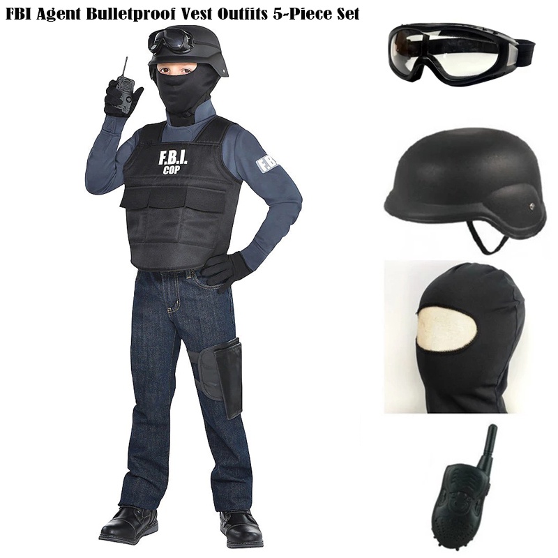 ฮาโลวีนคริสต์มาสเด็กเครื่องแต่งกายคอสเพลย์ FBI Agent Bulletproof Vest ชุด 5 ชิ้นชุดเครื่องแต่งกายตํา