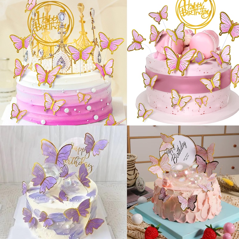 10ชิ้น/เซ็ตผีเสื้อสีชมพูเค้กกระดาษตกแต่งสีม่วงปิดทองผีเสื้อเค้กตกแต่งโรแมนติกวันวาเลนไทน์เบเกอรี่ตกแต่ง