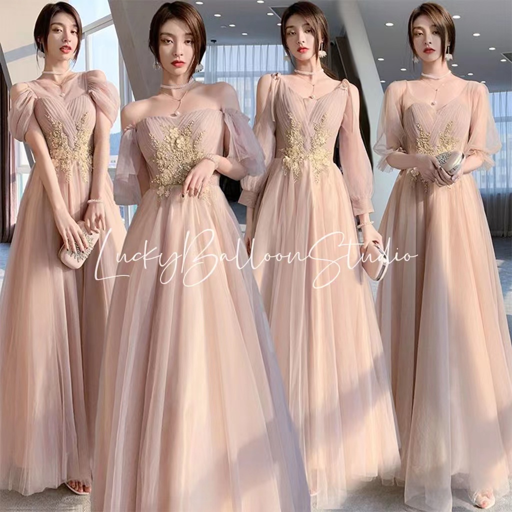 XS-6XL ชุดเพื่อนเจ้าสาว Fairy ดอกไม้แชมเปญสีชมพู Slim ยาวความยาวน้องสาว Group ชุดราตรี Maxi Dres