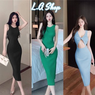 L.A Shop พร้อมส่ง เดรสไหมพรม ผ้าร่องใส่ได้2แบบ สลับความเซ็กซี่ตามใจ "67023"