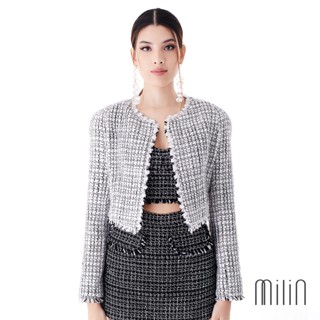 [MILIN] Kradan Jacket Collarless padded shoulder tweed cropped jacket เสื้อแจ็คเก็ตทรงครอปแบบไม่มีปกผ้าทวีดเสริมไหล่