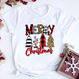 T-[Ready Stock] Merry Christmas Women New Year Holiday Tee Shirt White Short Sleeve Tops Female Clothing