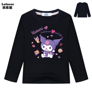 เสื้อยืดแขนยาว ผ้าฝ้าย พิมพ์ลาย Sanrio Kuromi แฟชั่นฤดูใบไม้ผลิ และฤดูใบไม้ร่วง สําหรับเด็กผู้หญิง