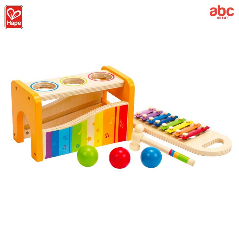 Hape - Toddler Music เครื่องตีจังหวะดนตรี Pound and Tap Bench (12M+) Xylophone ค้อนตีลูกบอล - E0305