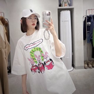 เสื้อยืดแขนสั้นรุ่นใหม่ต้นฤดูใบไม้ผลิของกระต่ายเสื้อแขนสั้นคอกลมหลวมพิมพ์ลายกระต่ายคริสต์มาส22ss ยุโรป