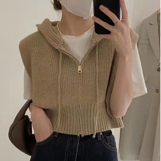 เสื้อกันหนาวแขนกุด มีฮู้ด ผ้าถัก แต่งซิป สีพื้น สไตล์เกาหลี สําหรับผู้หญิง