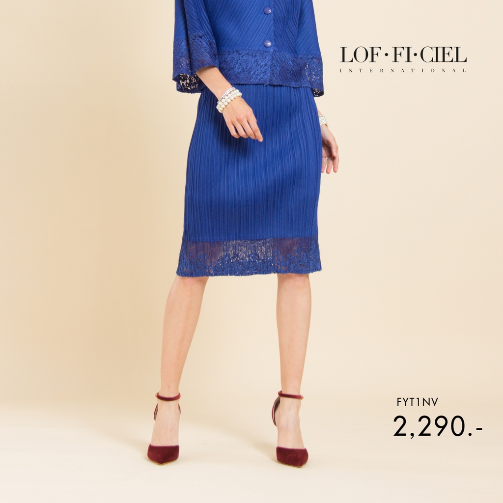 Lofficiel ลอฟฟิเซียล กระโปรงอัดพลีท ต่อชายลูกไม้ สีน้ำเงินPleated skirt with red lace trim (FYT1NV)