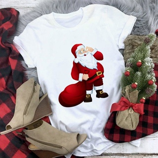 เสื้อยืดคริสต์มาส   Christmas Reindeer ed Top Tshirt New Year Santa Claus T-shirt Short Sleeve Tee  Female Women ab