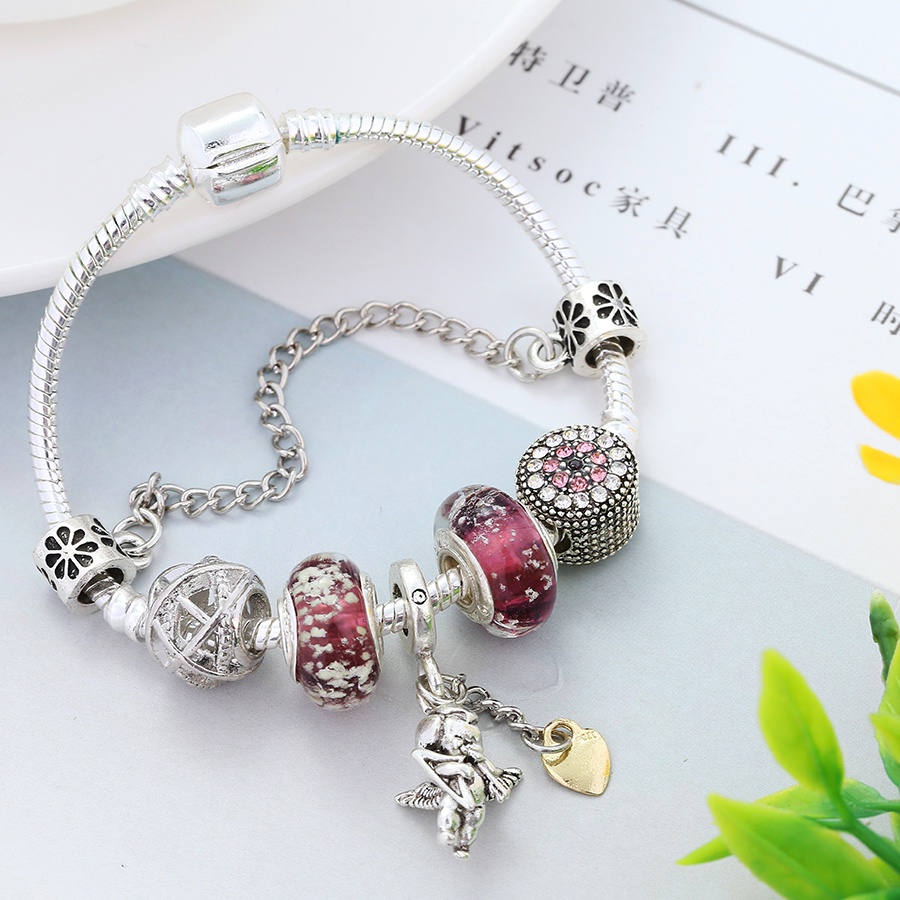 Dinglly สร้อยข้อมือลูกปัด รูปหัวใจ ดอกไม้สีชมพู ผีเสื้อ สําหรับผู้หญิง DIY สีเงิน สร้อยข้อมือลูกปัด