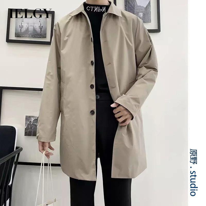 IELGY สไตล์ฮ่องกงหล่อกระดุมแถวเดียวกลางความยาวเสื้อลําลองท่อสําหรับผู้ชาย