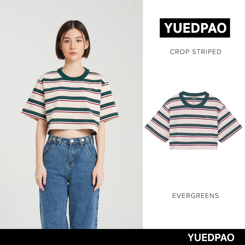 Yuedpao Crop Striped ผ้าหนาทรงสวย ยับยากรีดง่าย เสื้อยืดครอปผู้หญิง สี Evergreen