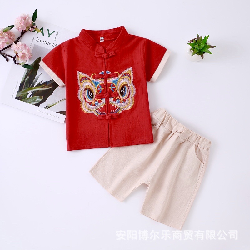 (พร้อมส่ง ) เสื้อตรุษจีนเด็ก ผ้าลินิน ลายปักสวย ชุดคอจีนตรุษจีน เด็กผู้ชาย ชุดสีแดงปีใหม่