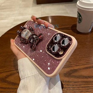 【Retractable Bracket+Glitter paper/With lens film/Pink】เคส compatible for iPhone 11 12 13 14 Pro Max case transparent acrylic hard case