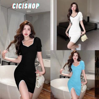 Cicishop(67205)มินิเดรสไหมพรมแขนตุ๊กตา คอวี เข้ารูปดีเทลย่นหน้าอก ผ่าข้างแนวเรียบๆแต่เก๋สุด