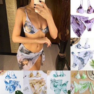 Bikini 3 Pcs พร้อมผ้าคลุมลายหินอ่อน นมโครงดันทรง มีฟองน้ำในตัว พร้อมส่ง🇹🇭