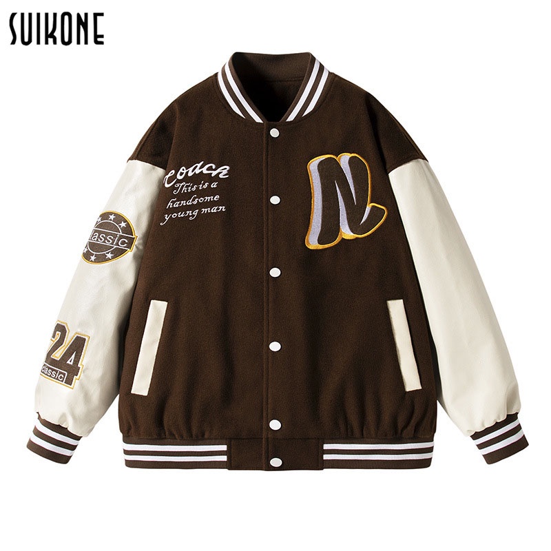 Suikone เสื้อแจ็คเก็ตผู้ชายแฟชั่นลายอเมริกันในเครื่องแบบเบสบอลแบบสบาย ๆ เสื้อแจ็คเก็ตคู่ย้อนยุคหลวม เสื้อผ้าแฟชั่น oversize