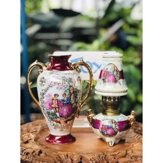 ราคาต่อชิ้น เก็บเก่า แจกัน ตะเกียงน้ำมัน ลิโมจส์ Antique French Limoges Hand Painted Vase &amp; Mini Oil Lamp Porcelain