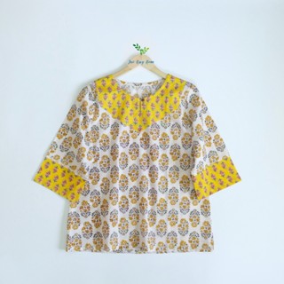 เสื้อผ้าฝ้ายอินเดีย คอกลม แขนเลยศอก กระดุมหน้า 1 เม็ด เนื้อผ้าคอตตอนอินเดีย