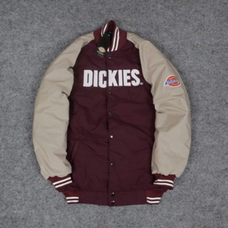 Varsity Bomber Dickies เสื้อแจ็กเก็ต Maroon Krem ของแท้ สไตล์วินเทจ