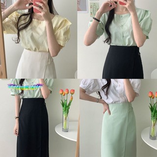 Mimi&amp;Didi#3097/6167# ไม่เป็นทางการ แขนพัฟ เสื้อ ส้อม กระโปรง ชุดสูทสองชิ้น สไตล์ตะวันตก ดูผอม
