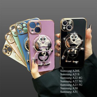 เคสโทรศัพท์มือถือแบบนิ่ม TPU กันกระแทก กันรอยกล้อง ลายการ์ตูนโดราเอมอน พร้อมที่ตั้งวาง แต่งกลิตเตอร์ สําหรับ Samsung Galaxy A20S Samsung A21S Samsung A22 Samsung A23 Samsung A30 A31