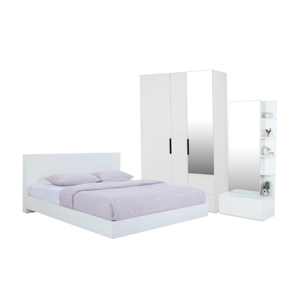 INDEX LIVING MALL ชุดห้องนอน รุ่นแมสซิโม่+แมกซี่ ขนาด 5 ฟุต (เตียงนอน(พื้นเตียงซี่)+ตู้เสื้อผ้า 3 บาน พร้อมกระจกเงา+โต๊ะเครื่องแป้ง) - สีขาว
