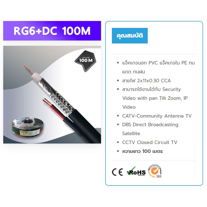 GLINK (RG6+DC 100m) สาย RG6 มาพร้อมกับสายไฟ DC ความยาวสาย 100 เมตร สำหรับการติดตั้งระบบกล้องวงจรปิด CCTV