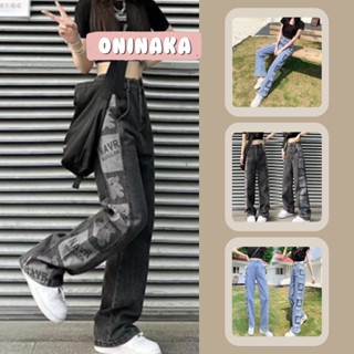 Oninaka กางเกงยีนส์เอวสูง ขากระบอกใหญ่ พิมพ์ลายหมี🧸ไซส์พร้อมส่ง pa2088#