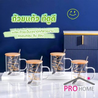 Pro Home ถ้วยแก้วใส่เพ้นลายน่ารัก ถ้วยกาแฟ มีฝาปิดเเถมช้อนTableware