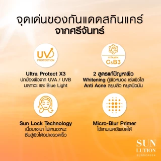 SRICHAND SUN LUTION SUNSCREEN SPF50+ PA++++ 15 ml / 40ml ศรีจันทร์ ซันลูชั่น แอคเน่ แคร์ กันแดด ไม่มีซีลแท้100%