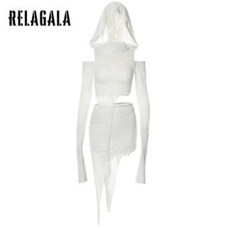 Relagala ชุดเสื้อแขนยาว มีฮู้ด และกระโปรงสั้น เอวสูง สีพื้น แฟชั่นสําหรับสตรี