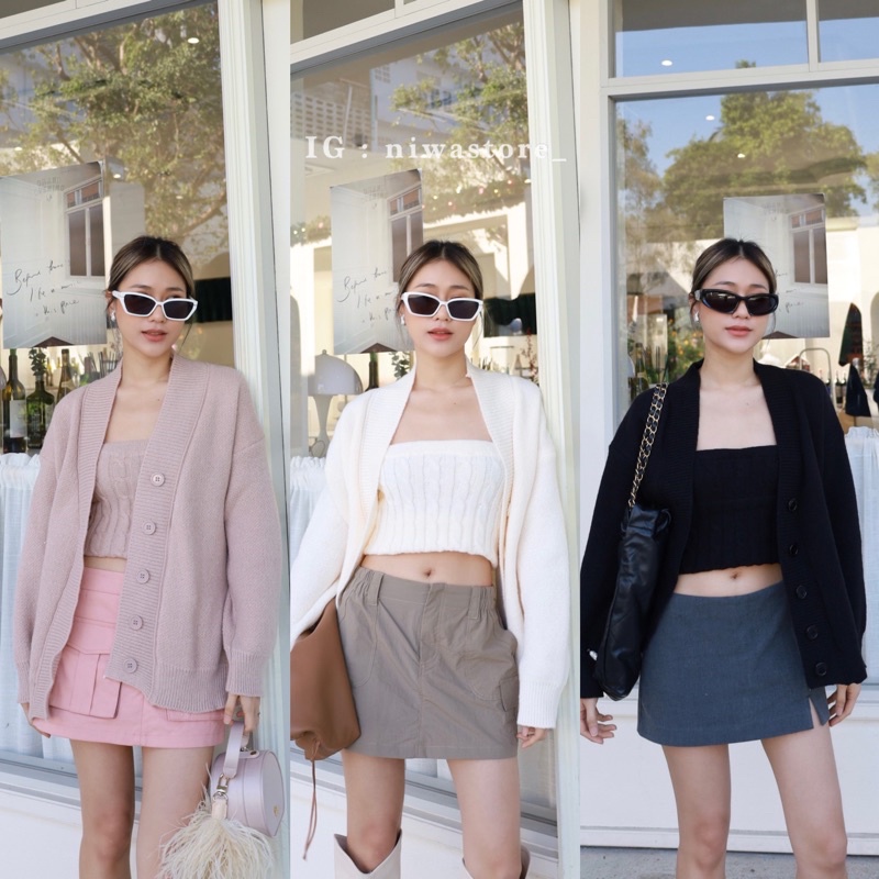 (GM)Onnie set •🇰🇷เซทเสื้อไหมพรมมาพร้อมเกาะอก ตัวผ้าหนานิ่ม ใส่สบายค่ะ รุ่นนี้คือใส่กับกระโปรงสั้น น่