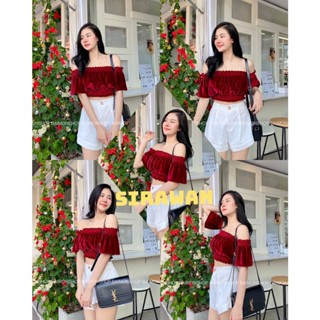 ✨🌹SirawanShop 👗 เสื้อครอปปาดไหล่ แดงกำมะหยี่🎆🧨🎄 ต้อนรับเทศกาลเฉลิมฉลอง🎁 สวยเซ็กซี่น่ารัก ใส่สบาย