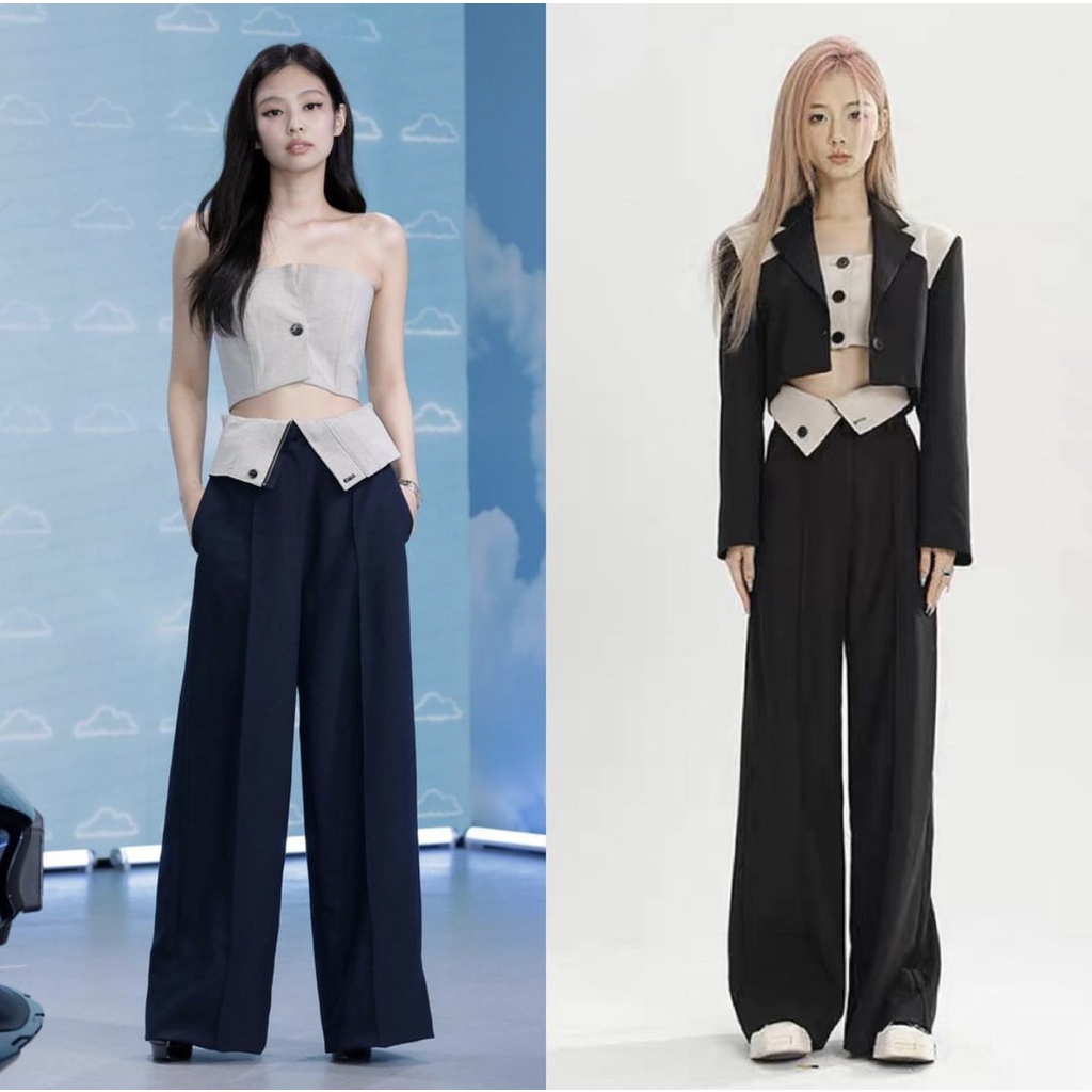 Blackpink [พร้อม] ชุดเสื้อแจ็คเก็ตเบลเซอร์สั้น + เสื้อท่อติดกระดุม และกางเกงหูหนีบแฟชั่นแบบเจนนี่ แบ