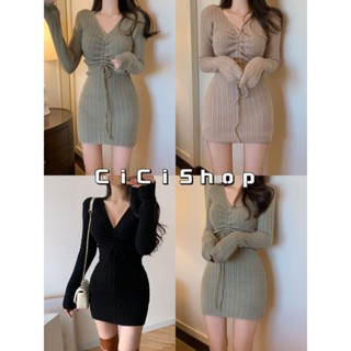 Cicishop(70139)Basic MiniDress เดรสสั้นไหมพรมกิมมิคเชือกรูดด้านหน้า ผ้าเทกเจอร์ทอร่อง สวยสไตล์เกาหลี