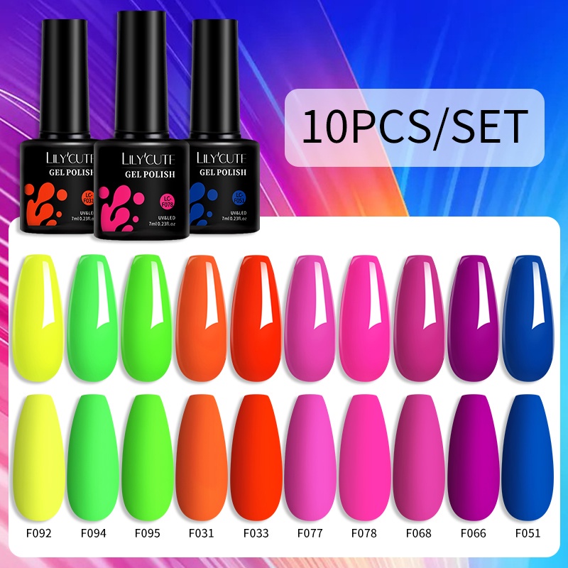 Lilycute สีเจลนีออน ชุดยาทาเล็บเจล นีออน เรืองแสง UV Led ยาทาเล็บเรืองแสง 10 ชิ้น / ชุด