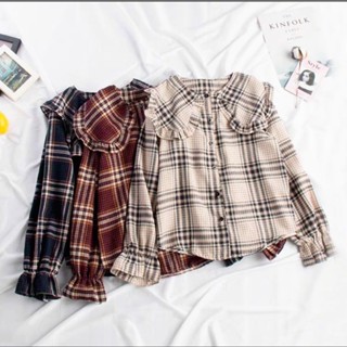 เสื้อเชิ๊ตลายสก็อต ผ้าคอตตอนนุ่ม เสื้อเชิ๊ตคอบัวสีแดงเข้ม