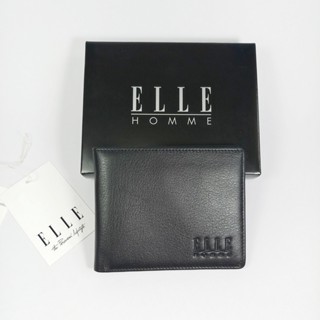 ELLE HOMME กระเป๋าสตางค์ผู้ชายใบสั้น พับเดียว สีดำ หนังนิ่ม หนังแท้