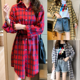 KD โกดังไทย เสื้อเชิ้ตตัวยาว แขนยาวคอปก ลายสก็อต 4 สี ใส่เป็นเดรสได้