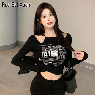 RUO BEI XUAN เสื้อยืดผู้หญิงเซ็กซี่ไหปลาร้าไม่มีสายหนังเข้ารูปพอดีสั้นเสื้อยืดแขนยาว