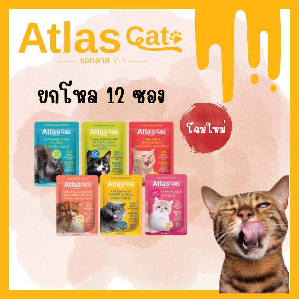 (12ซอง) Atlas Cat เพาซ์ อาหารเปียกแมว  อาหารแมว เนื้อปลาชิ้นใหญ่ ไม่ใส่สารปรุงแต่ง เหมาะสำหรับแมวโตอ